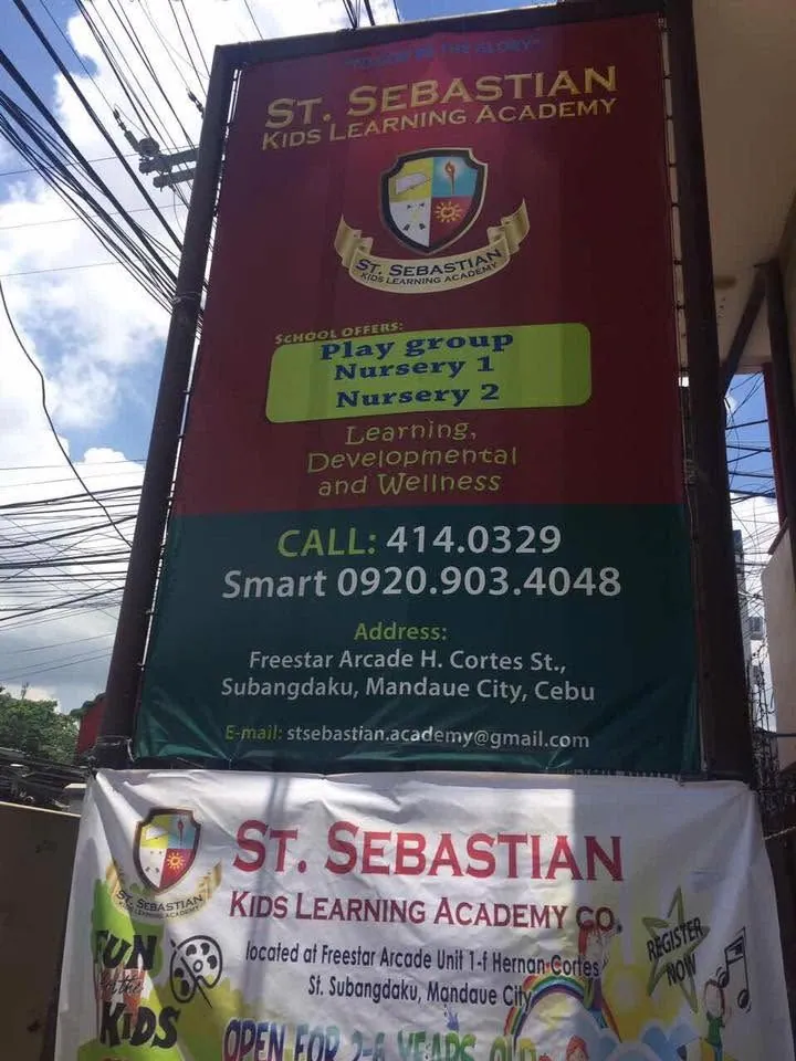 St. Sebastian Kids Learning Academy framed tarpaulin at Freestar Arcade, H. Cortes St., Subangdaku, Mandaue City, printed and installed by MCAV