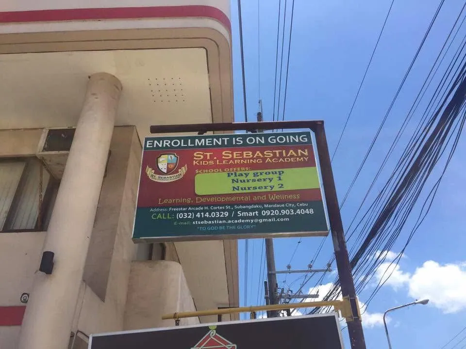 St. Sebastian Kids Learning Academy Panaflex sign at Subangdaku, Mandaue City, printed and installed by MCAV